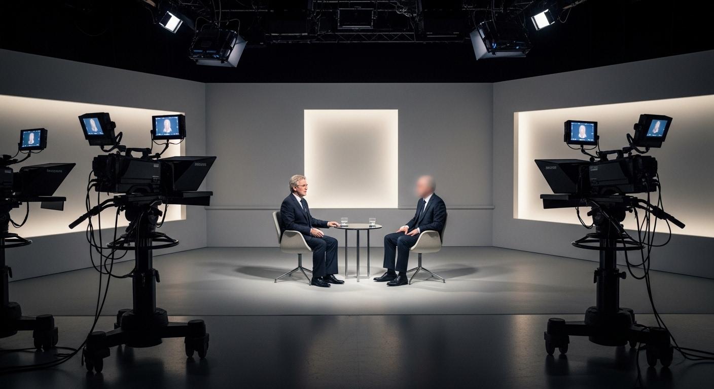 Un studio de télévision dans les années 2000, décor sobre, avec Jean-Luc Delarue assis face à un médium anonyme dont le visage est flouté ; lumières tamisées, ambiance tendue, caméras braquées sur les intervenants.
