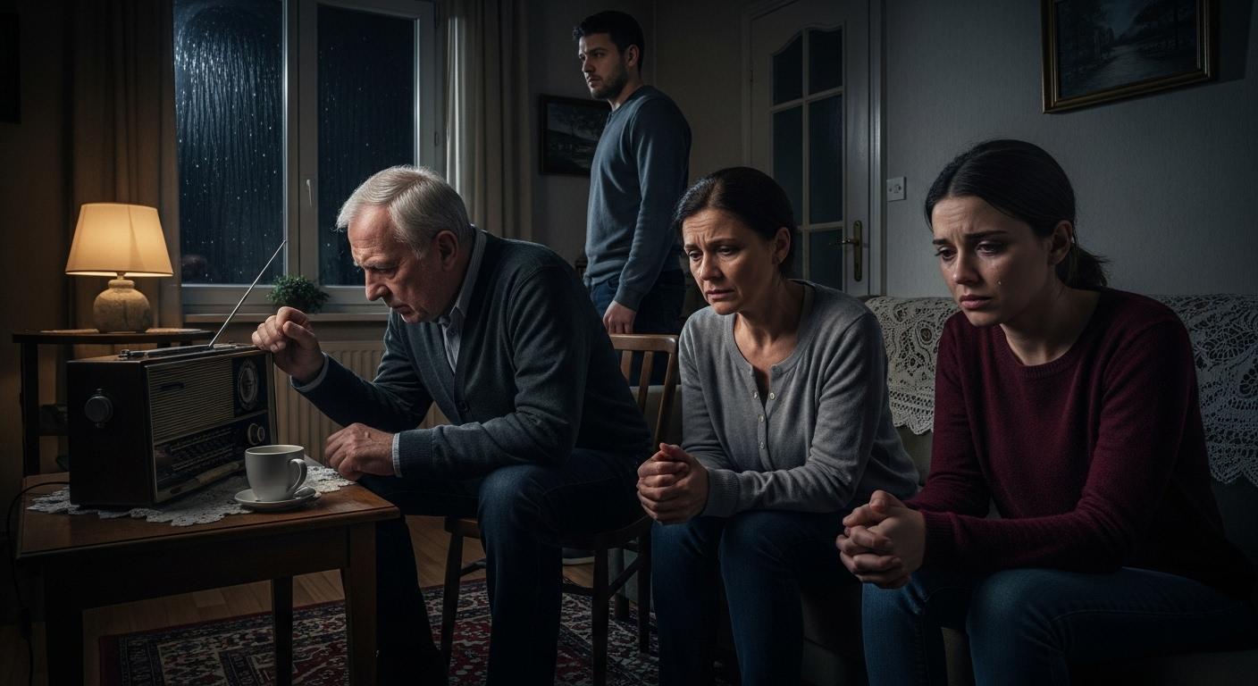 Un salon familial en Lorraine, en soirée, où un homme écoute la radio d’un air grave ; les visages des proches sont tendus, l’atmosphère est lourde d’émotion, la lumière tamisée souligne la tristesse et la colère partagée.